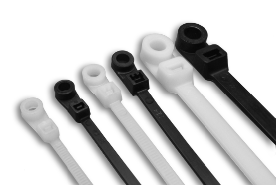 Black and white mounting hole cable ties